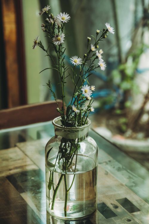 Free A beautiful arrangement of wildflowers in a glass vase, captured on a rustic wooden table with soft natural light. Stock Photo