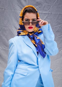 Fashionable woman in a blue suit and scarf posing confidently with sunglasses.