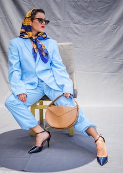 Fashionable woman in blue suit posing with elegance, wearing sunglasses and holding a handbag.