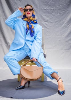 Fashion-forward woman in elegant blue suit, wearing a scarf and sunglasses, posing confidently.