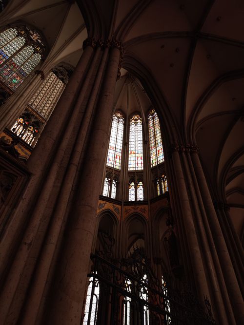 Free Stunning Gothic interior view of Cologne Cathedral with stained glass windows. Stock Photo