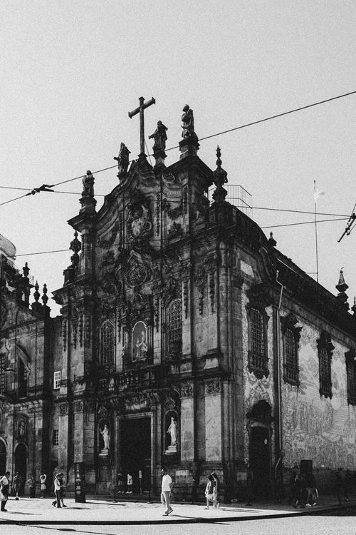 Free Black and white photo of a historic Baroque church facade in Porto, Portugal. Stock Photo