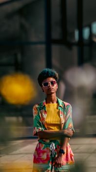 Fashionable woman in vibrant attire poses confidently in an urban environment.