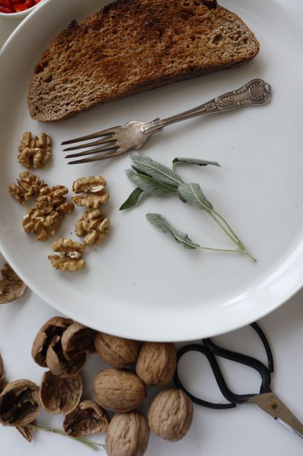 A still life image of toast, walnuts, and herbs on a plate with vintage fork.