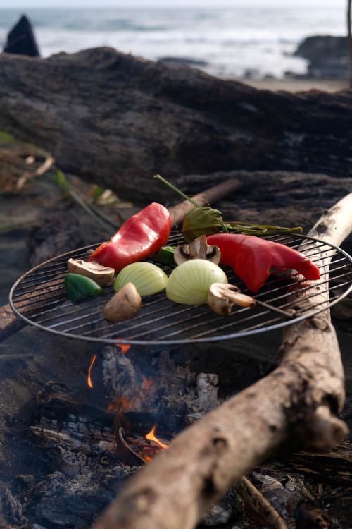 Free Vibrant vegetables grilling on a beach over an open fire, perfect for outdoor cooking enthusiasts. Stock Photo