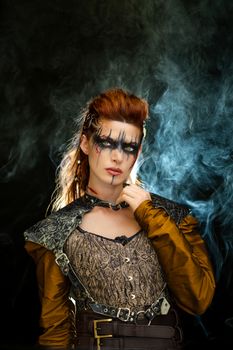 Elegant fantasy-themed portrait of a gothic woman with intricate makeup and smoke effects.