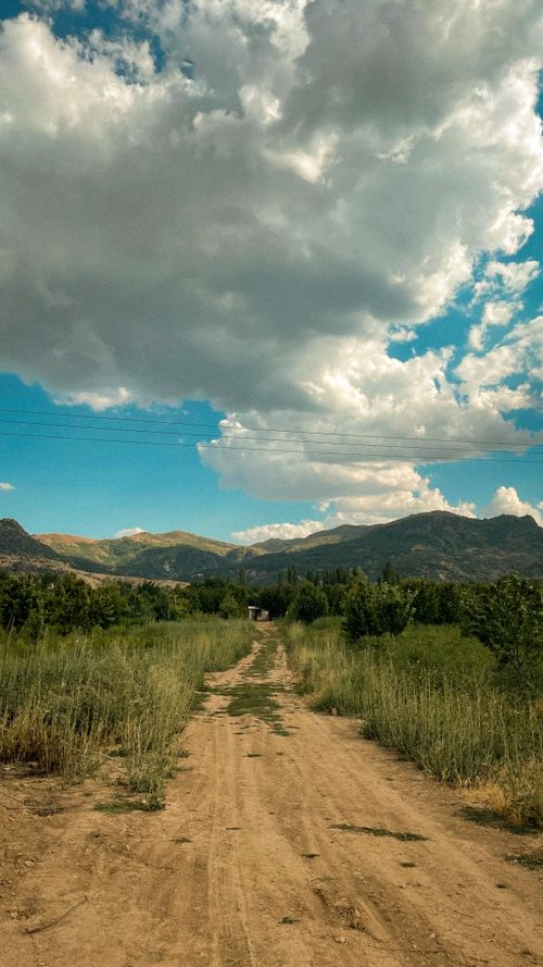Free Scenic rural dirt road with cloudy sky and mountains in the background, showcasing a summer landscape. Stock Photo