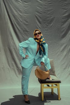 Stylish woman in a pastel suit posing with a chair and handbag indoors.