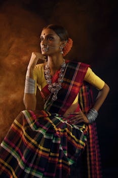 身着传统纱丽的印度妇女肖像迷人，展现了文化的优雅与风格