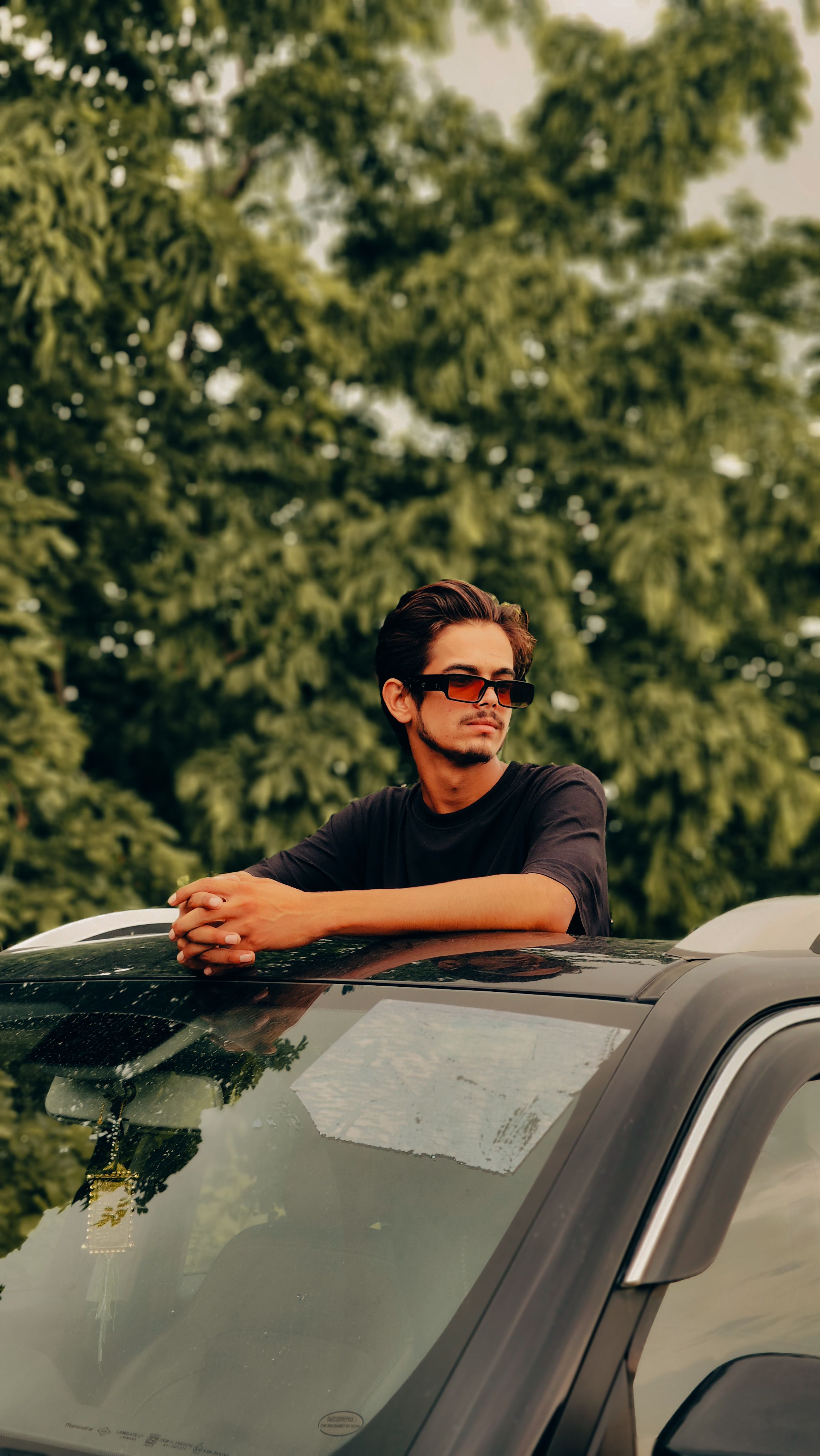 Young man enjoying leisure time on car roof amidst lush greenery, perfect for travel and lifestyle themes.