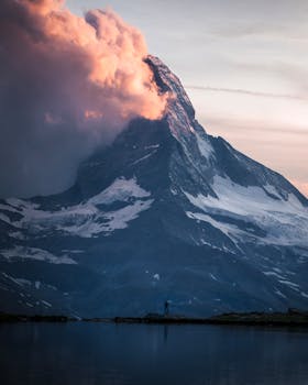 A stunning view of the Matterhorn mountain under a colorful sky at twilight.