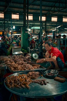A bustling scene from a Cần Thơ market with a merchant preparing meat products for sale.
