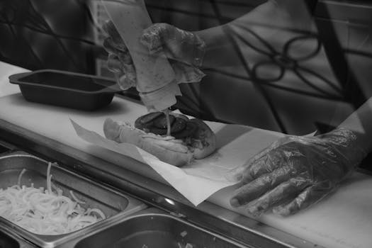 A close-up of hands preparing an artisan sandwich with fresh ingredients in a kitchen setting.