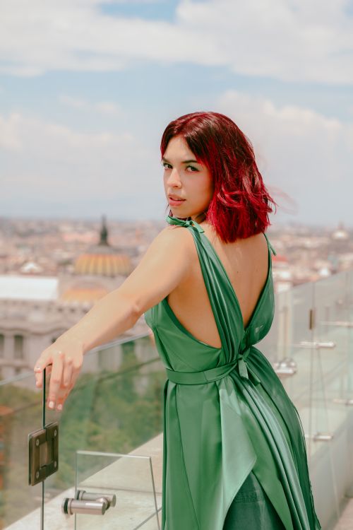 Woman with Dark Pink Hair Posing on Rooftop Wearing Shiny Green Dress Free Stock Photo Woman with Dark Pink Hair Posing on Rooftop Wearing Shiny Green Dress Free Stock Photo