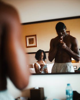 A man and woman in a hotel room preparing for the day. A candid, intimate morning moment.