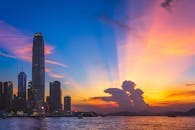 香港天际线景观令人惊叹，日落色彩缤纷，海湾上空摩天大楼林立