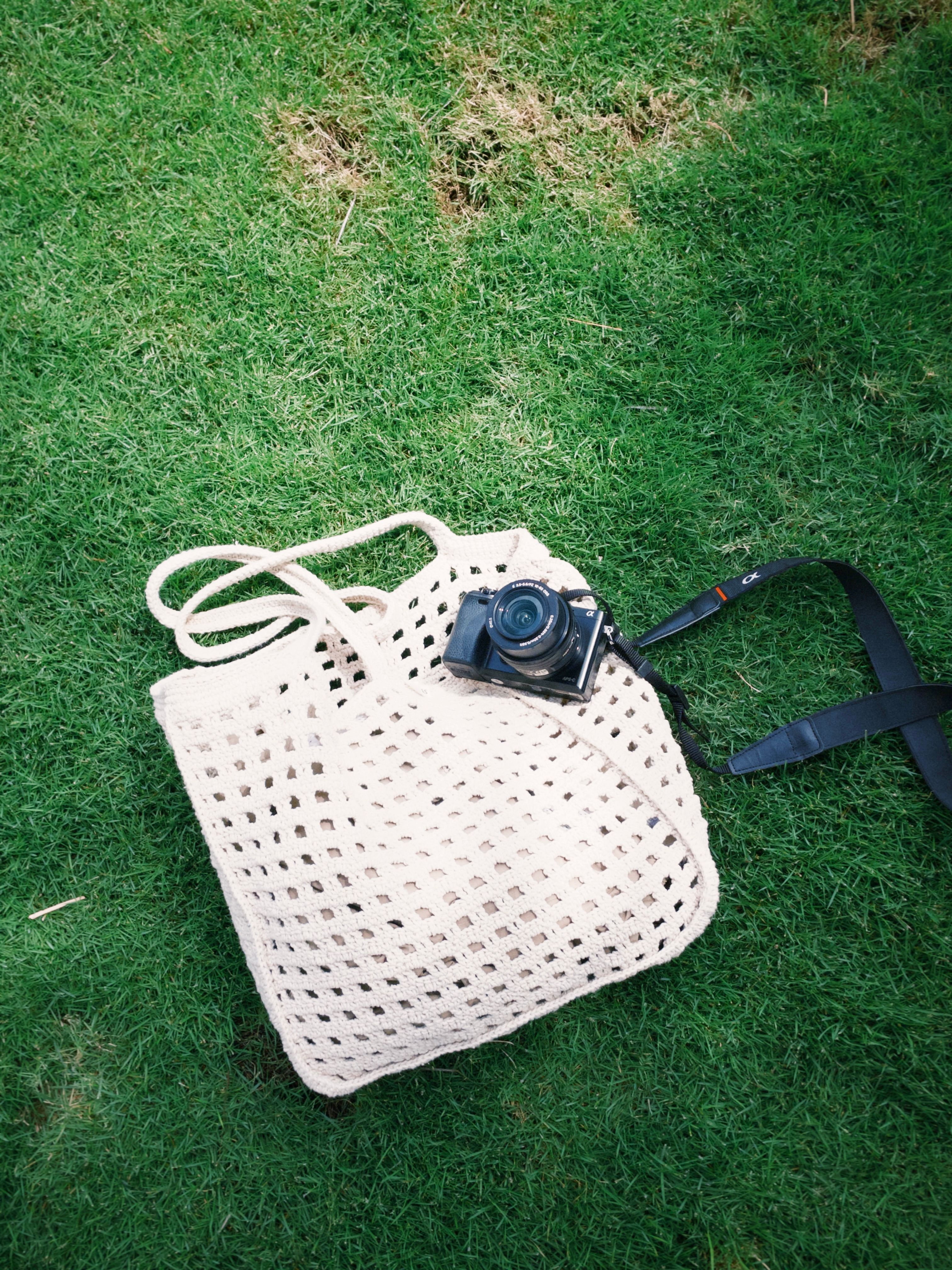 Stylish mesh bag with camera resting on a vibrant green lawn, perfect for summer outings.