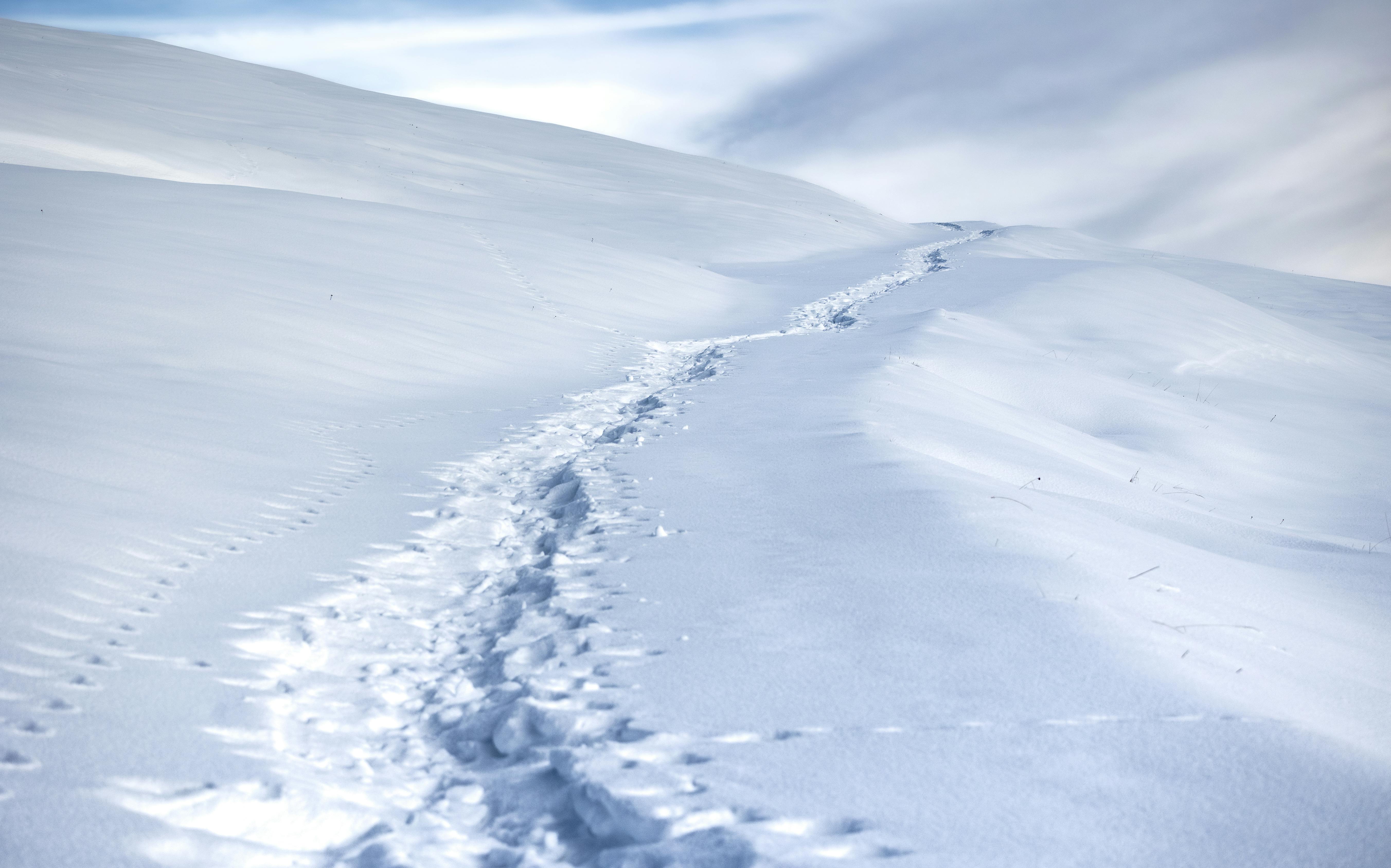 a snow covered path leads up a mountain