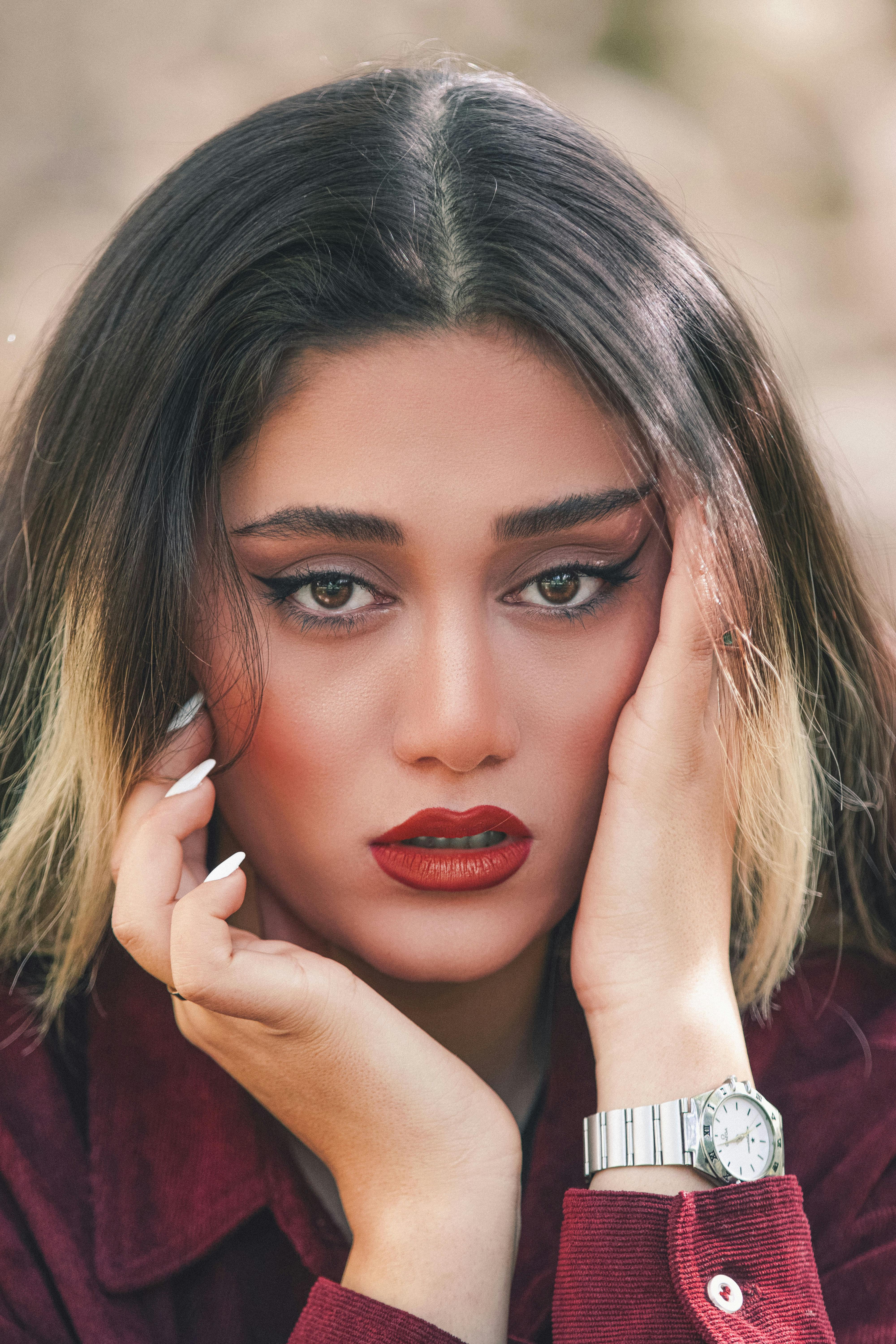 Close-up portrait of a young woman with elegant makeup and jewelry in Hamadan, Iran.