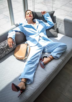 Woman in a chic blue suit relaxing on a sofa under sunlight, blending style and leisure.