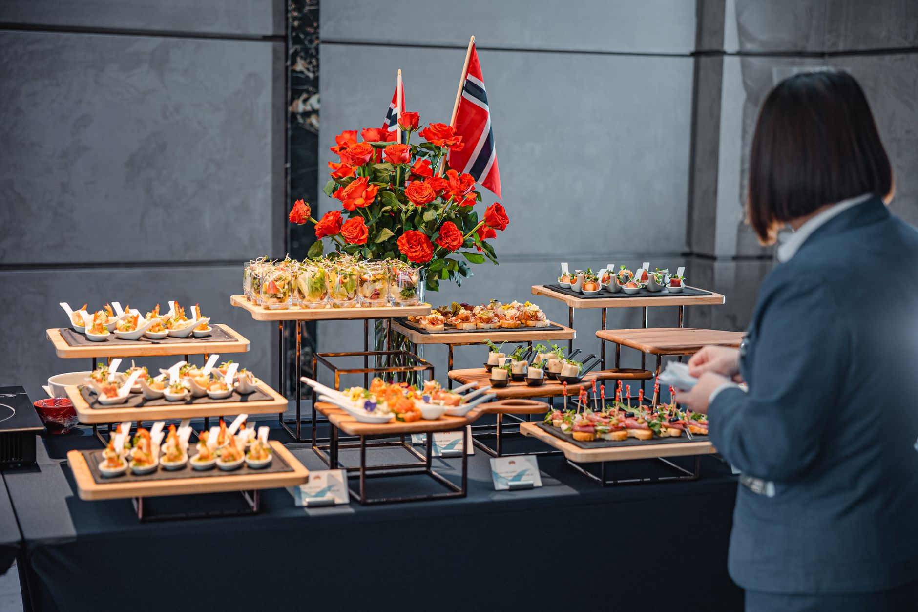 An elegant event buffet with Norwegian decor in a stylish setting in Hanoi.