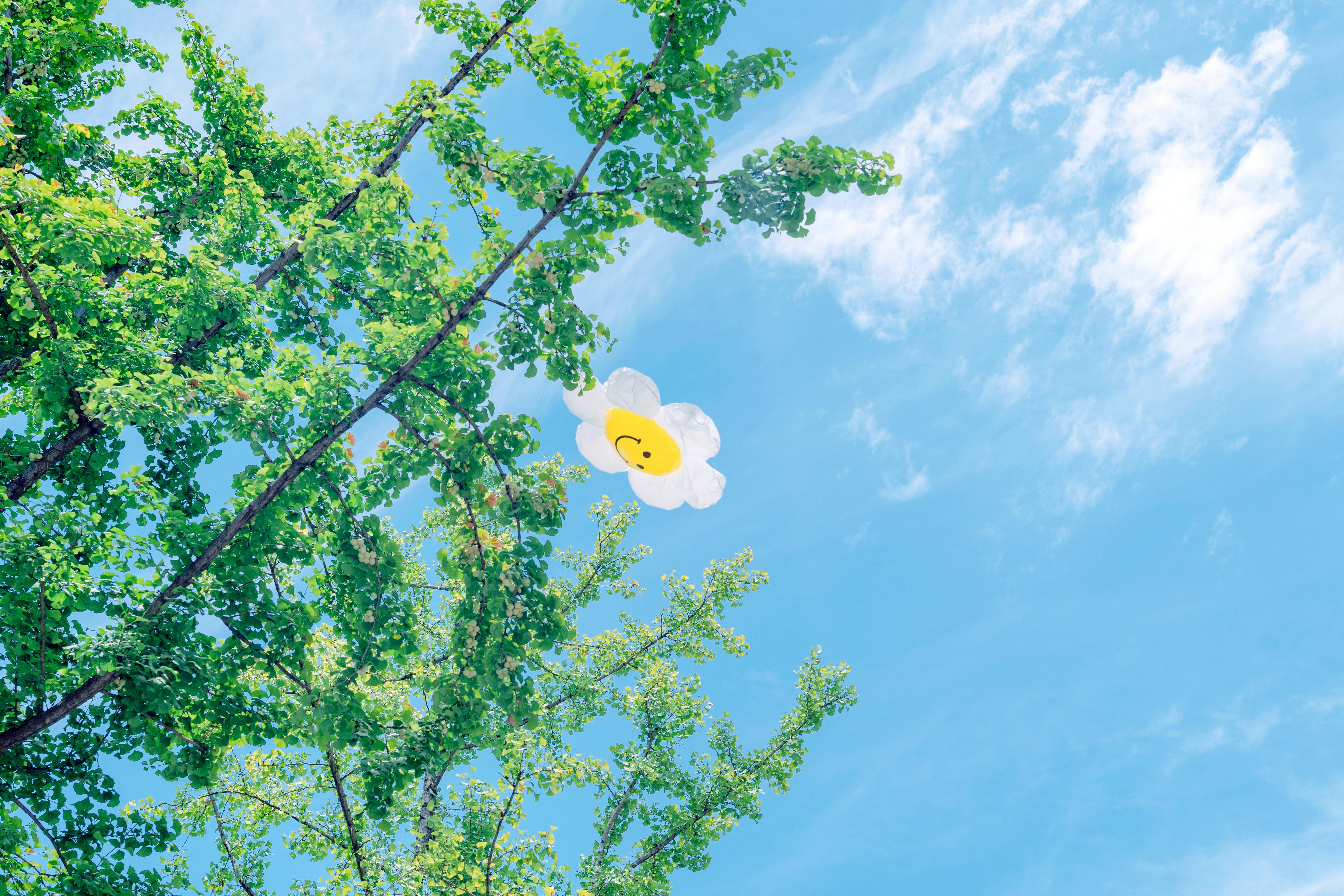 Bright summer day with yellow flower balloon and green trees reaching into blue sky.