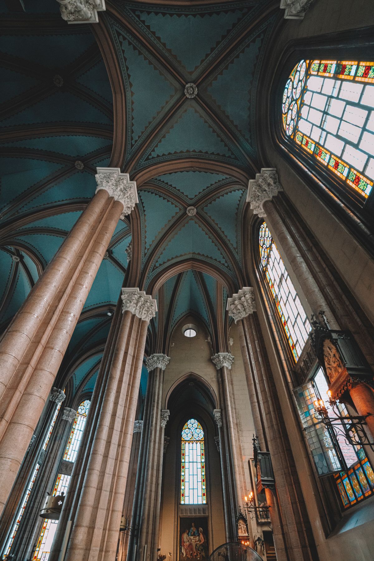 Gothic Cathedral Arched Ceiling with Blue Vaults · Free Stock Photo