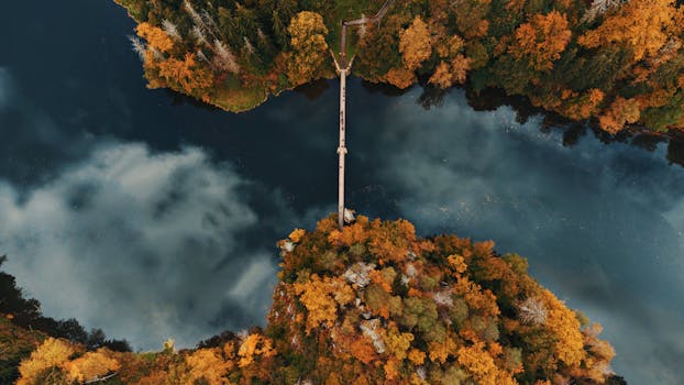 Stunning aerial shot of a bridge over a lake surrounded by vibrant autumn foliage in Poland.