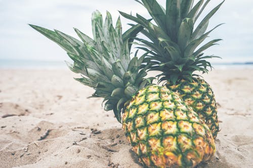 Two Pineapple Fruit on Sad Near Body of Water