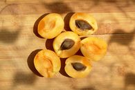 Fresh halved apricots with seeds on a wooden board, perfect for healthy recipes.