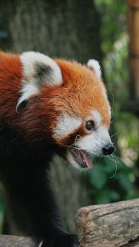 A vibrant red panda explores its natural surroundings in a Hungarian zoo.