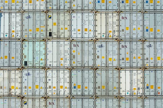 A patterned array of industrial shipping containers stacked in a storage terminal.