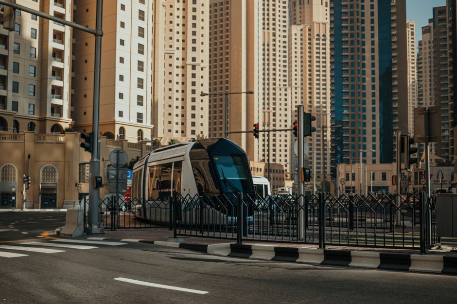 Modern interior of a Dubai Metro train in the United Arab Emirates