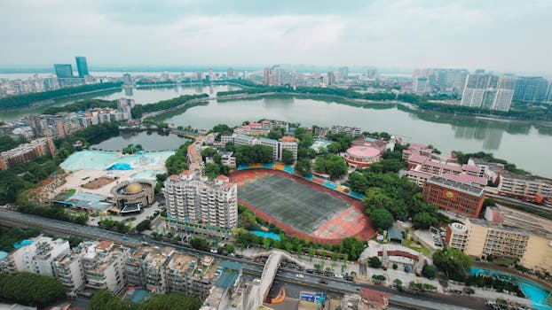 Explore the vibrant cityscape of Jiujiang, showcasing its waterfront and urban structures.
