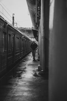 A lone figure walks alongside a train on a rainy urban platform, captured in black and white.