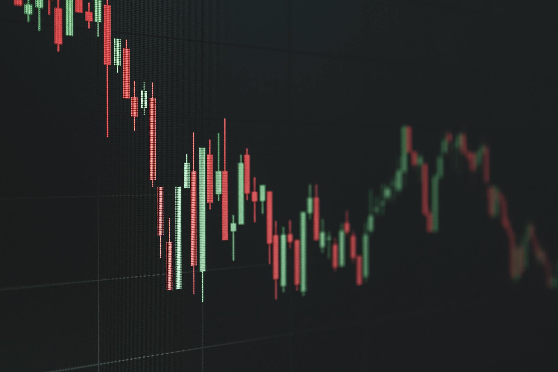 A stock chart with green and red lines