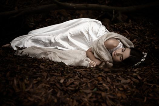 A serene scene of a woman in a white dress sleeping peacefully among fallen leaves.