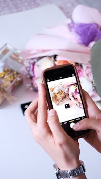 Hands capturing a floral gift arrangement with a smartphone, showcasing creativity and elegance.