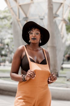 一位戴着帽子、身穿连身裤的时尚女士在吉隆坡的户外摆出姿势，展现现代风尚