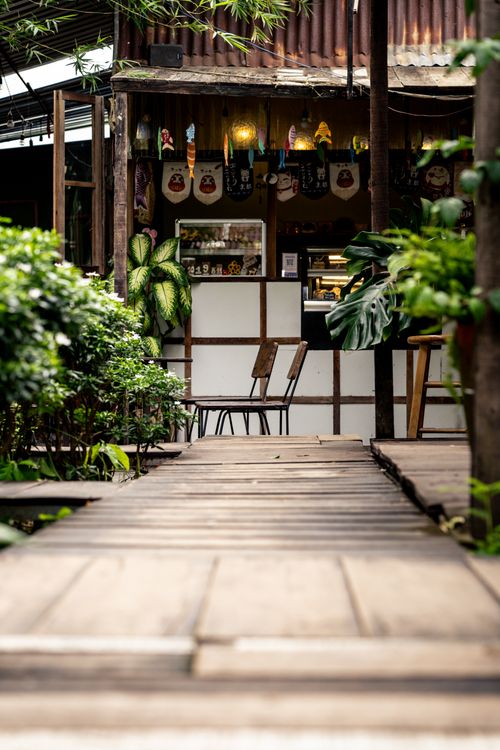 Free Explore a cozy outdoor cafe with lush plants and rustic furniture, perfect for a summer day. Stock Photo