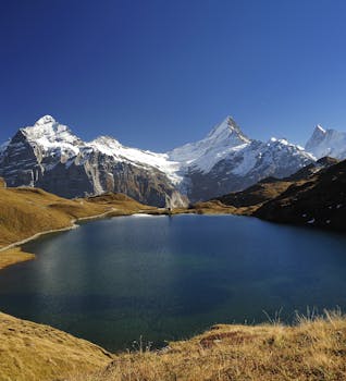 Majestic alpine landscape with a tranquil blue lake reflecting snowy mountains under a clear sky.