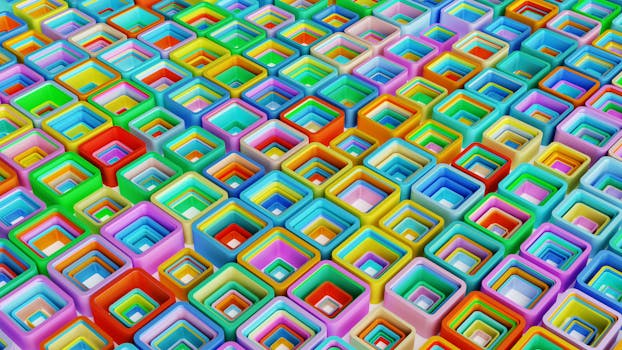 Vibrant 3D abstract composition with multicolored geometric shapes in a repeating pattern.