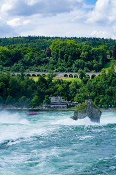 Majestic Rhine Falls in Switzerland's lush summer landscape.