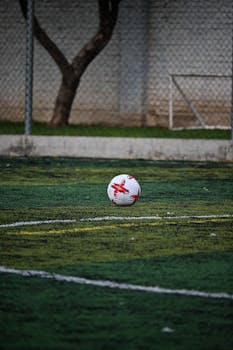 A soccer ball on a green turf field in León, Mexico, perfect for sports enthusiasts.