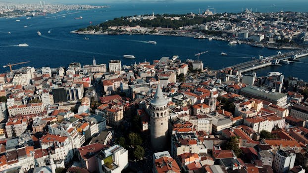 A stunning aerial shot of Galata Tower and Istanbul skyline, showcasing the Bosphorus and historic cityscape.