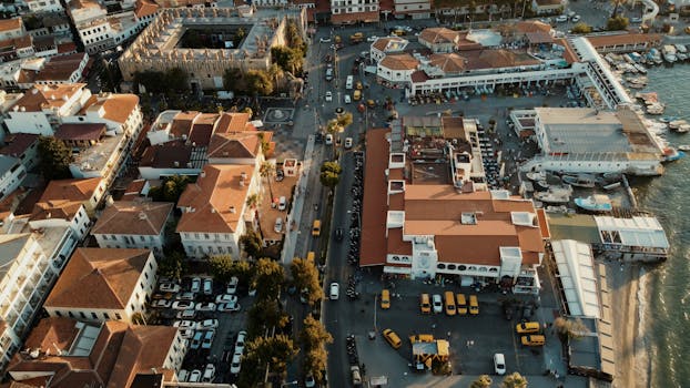 Stunning aerial view of Kuşadası, Türkiye, featuring architecture, streets, and waterfront at golden hour.