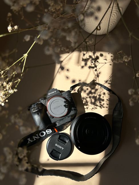 A vintage camera with lenses casts artistic shadows in soft light.