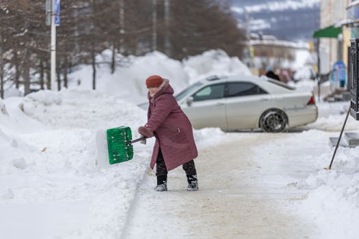 Elderly woman in a pink coat shoveling snow on a street, capturing the essence of winter chores.