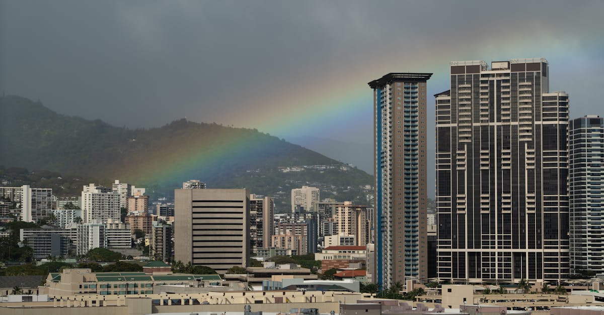 Photo by Donovan Kelly Captivating view of a rainbow arching over the urban skyline of Honolulu, Hawaii, against a stormy sky.