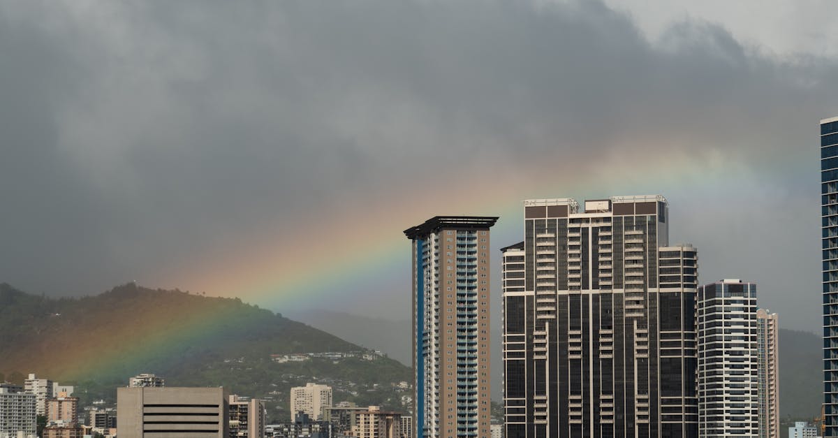 Photo by Donovan Kelly Stunning view of the Honolulu skyline with a vibrant rainbow and modern architecture.